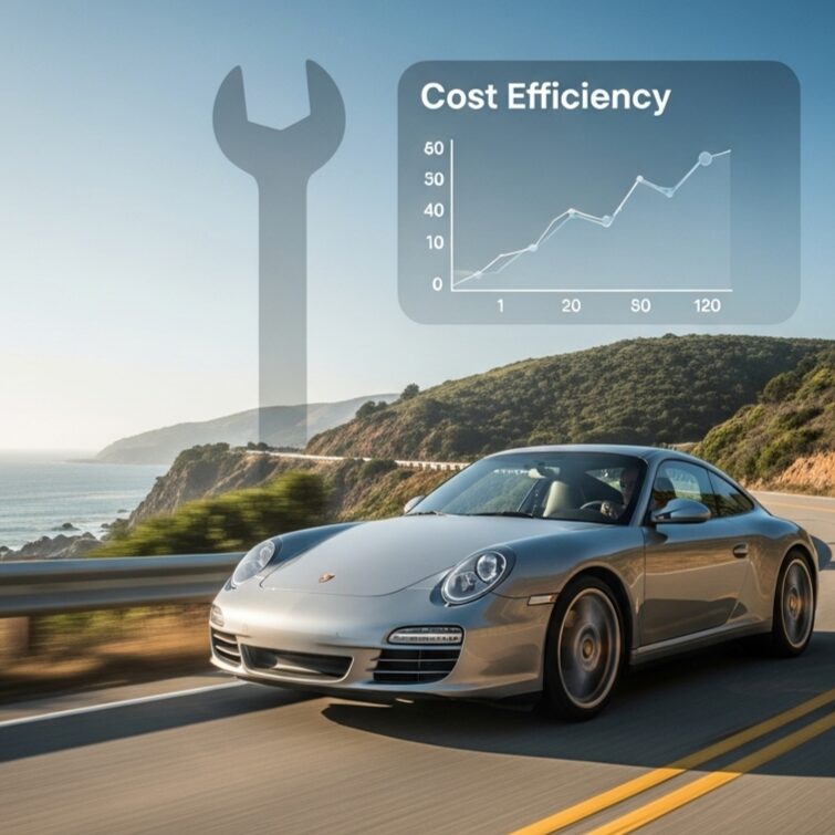 10-year-old-porsche-maintenance-costs 海岸線を走るポルシェと、その優れたコスト効果を示すグラフを合成したイメージ画像