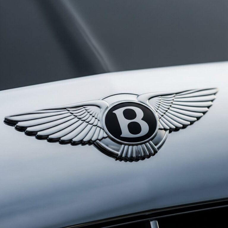シルバーの光沢がある、ベントレーのエンブレムの画像
