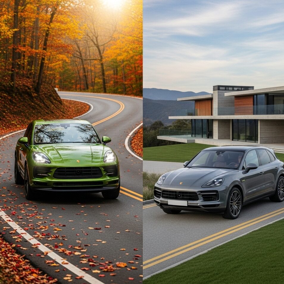 choose-your-porsche-suv 紅葉の美しい曲がりくねった道を走る緑色のポルシェ マカンと、モダンなデザインの住宅前に停車しているグレーのポルシェ カイエンが左右に分割されて表示されている画像