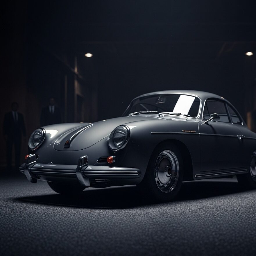 conan-gin-porsche-356a 夜の街灯の下、暗闇に停車している黒塗りのポルシェ