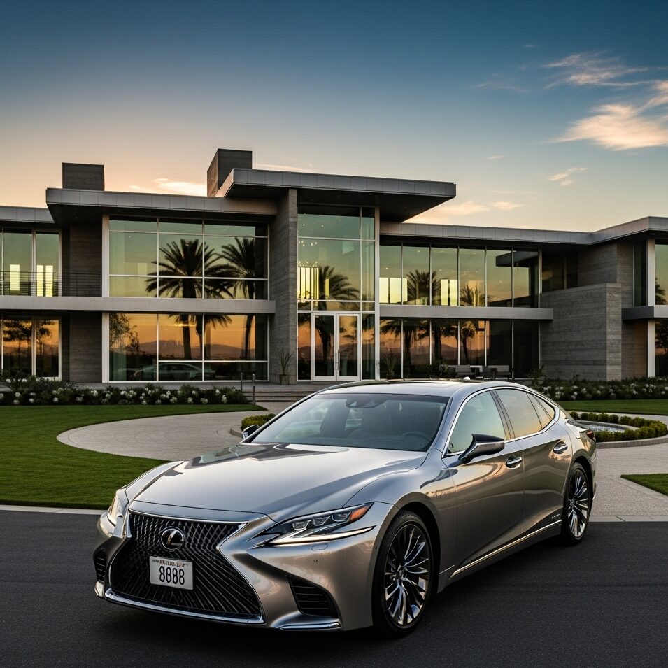 lexus-8888-success-symbol 高級な現代建築の住宅の前に駐車されているシルバーのレクサス LS 500。ナンバープレートには「8888」と表示されており、夕焼けが美しく映り込んでる画像