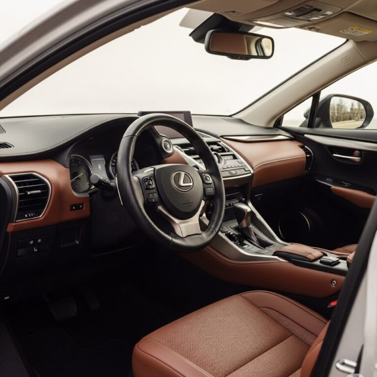 ヘーゼルのレザー内装を持つレクサス NX SUVの車内を写した、詳細で高級感のある画像