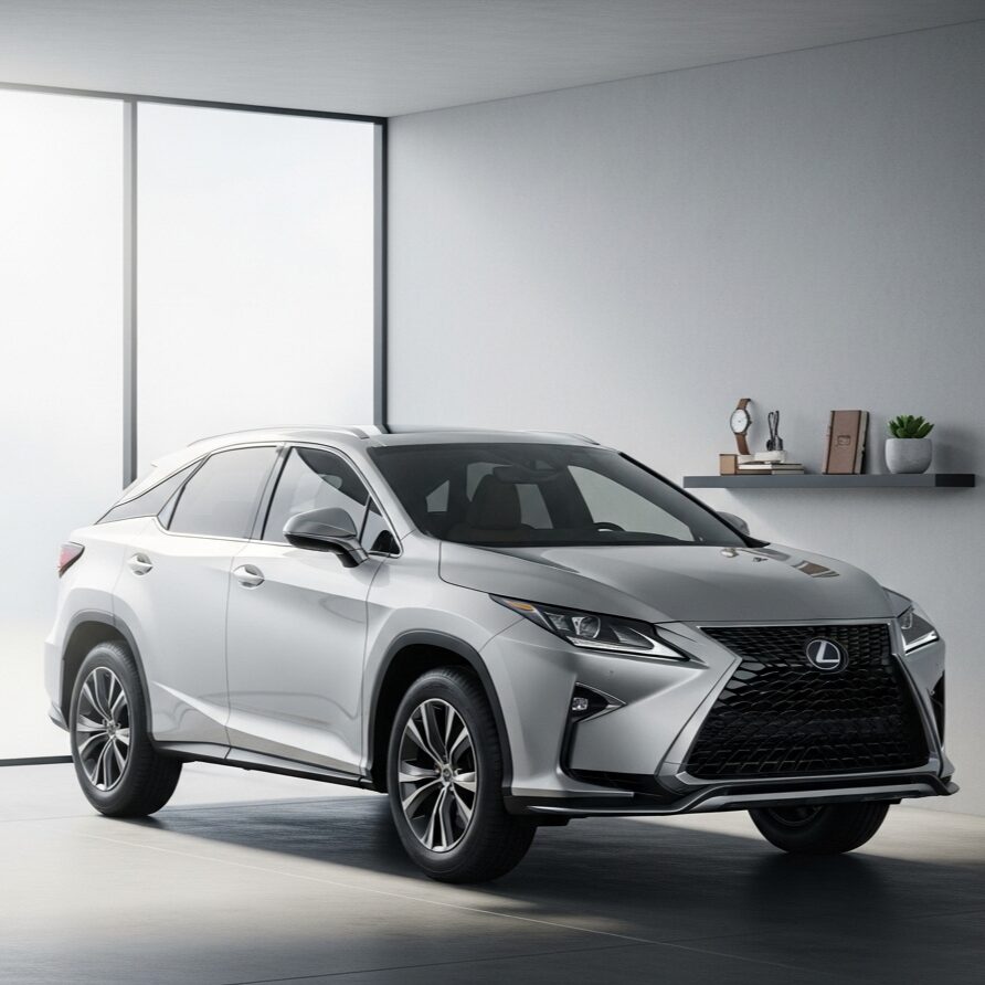 白くてモダンなガレージに駐車されているシルバーのレクサス RX SUV。後ろの棚には時計や本が飾られている画像