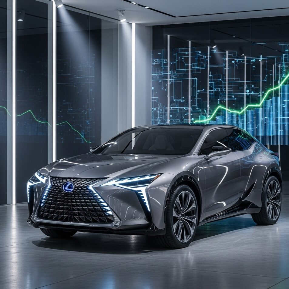 lexus-true-value 未来的なショールームに駐車されているグレーのレクサス LF-Z エレクトリファイド コンセプト SUVの画像