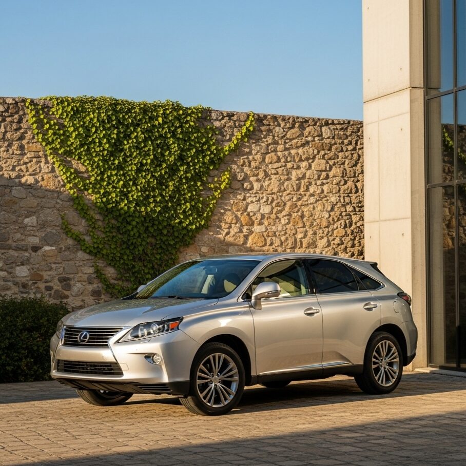 ツタの生えた石壁と近代的な建物が写った中庭に駐車されている、シルバーのレクサスRX SUVの画像