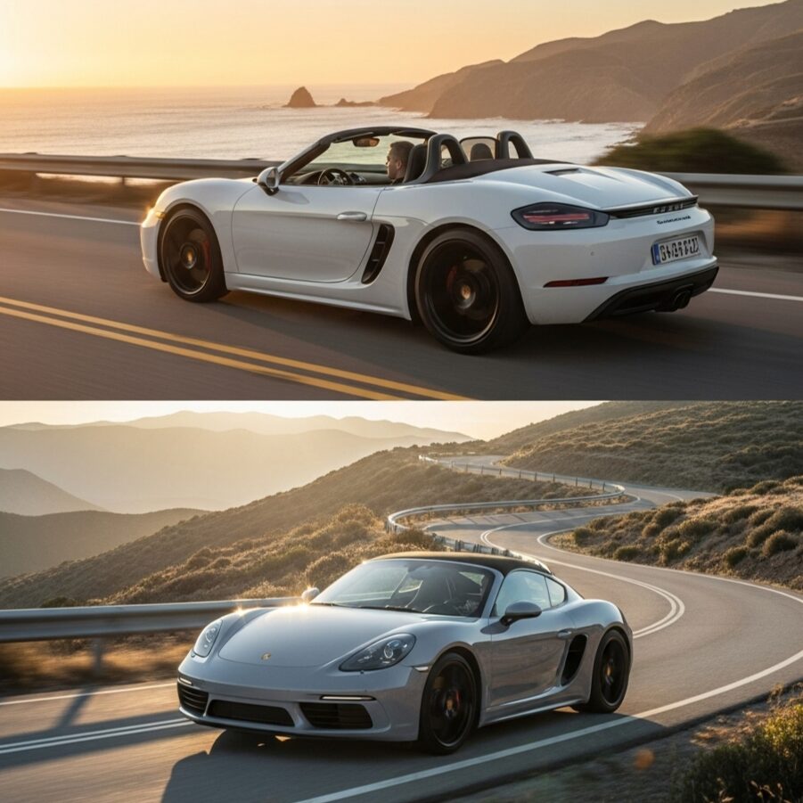 porsche-718-model-strategy 夕暮れの海岸線を走るボクスターと、山道のカーブを曲がるケイマン