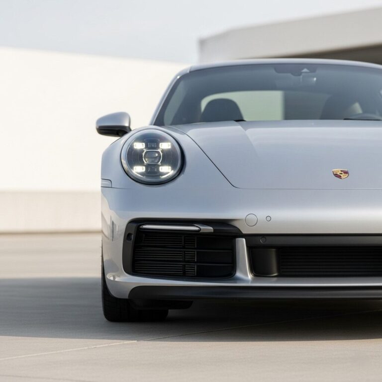 シンプルな空間に停まっている、シルバーのポルシェ911の正面の画像