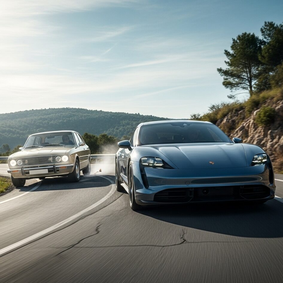 porsche-at-license-change 山道のワインディングロードを走るクラシックカーを最新のポルシェAT車が駆け抜ける