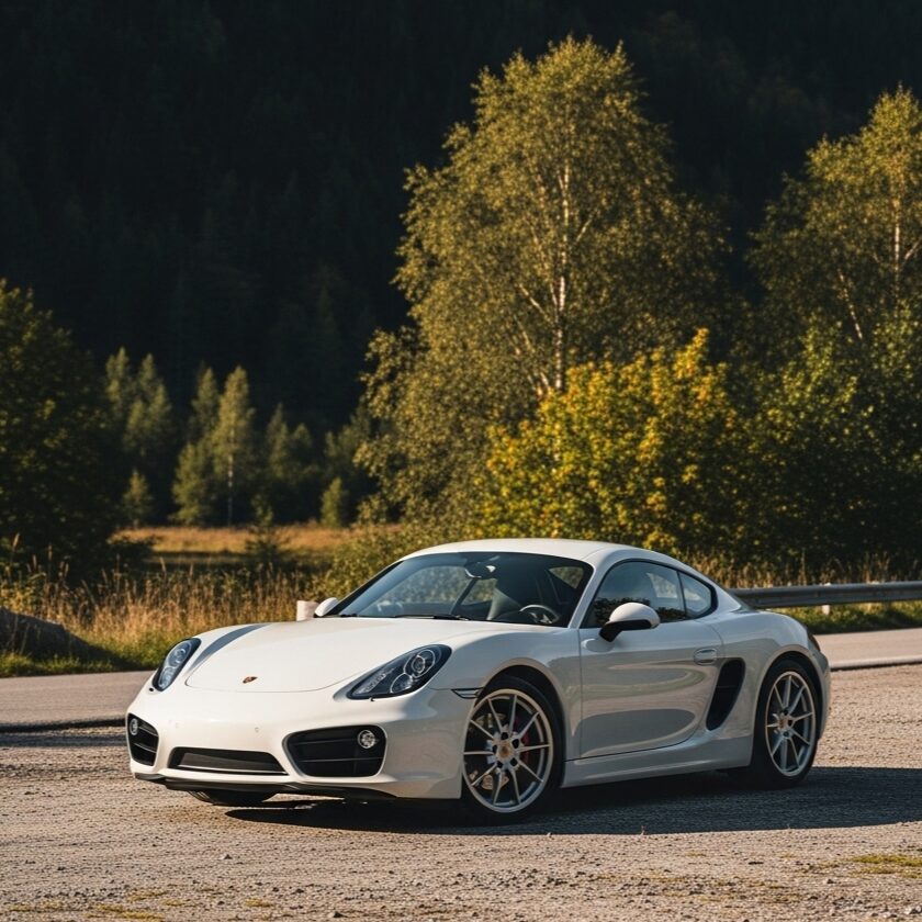 木々を背景に停車している白いポルシェ