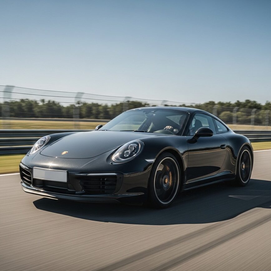 porsche-cheap-tires-warning 地面にパワーを伝え、高速で駆け抜ける黒いポルシェ