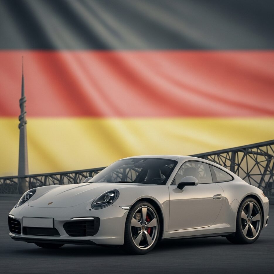 porsche-country-origin ドイツ国旗を背景にして停車しているポルシェ