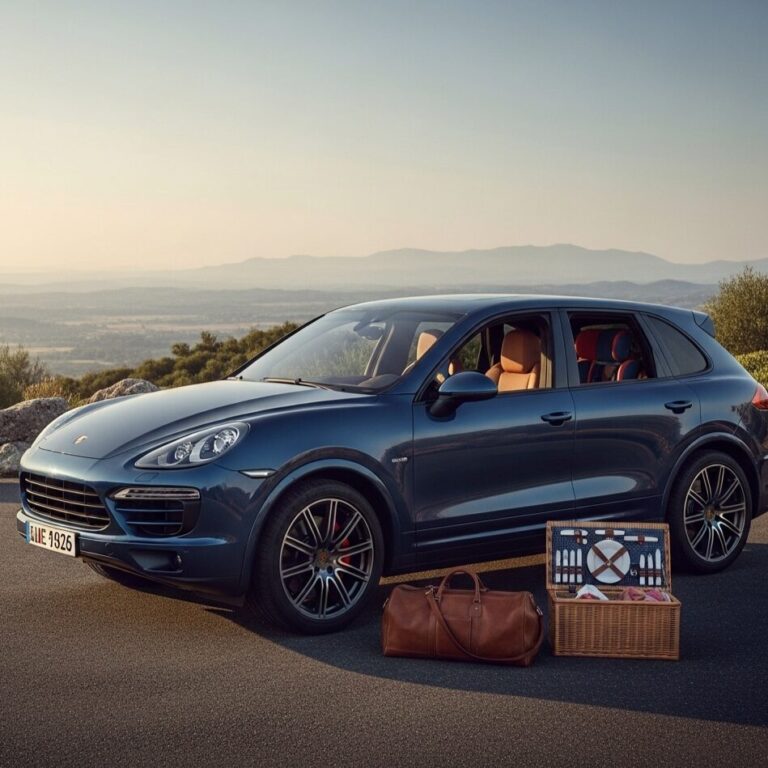 山道脇に停車しているポルシェ。手前にはピクニックバスケットが置かれている。