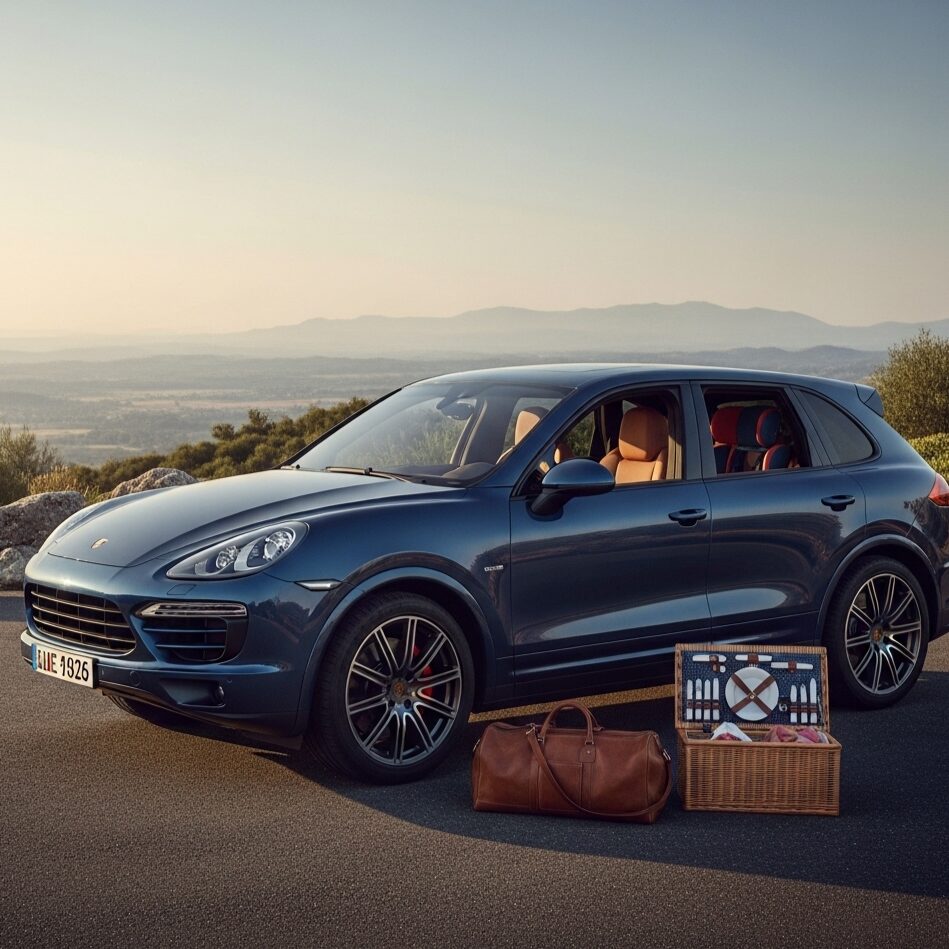 山道脇に停車しているポルシェ。手前にはピクニックバスケットが置かれている。