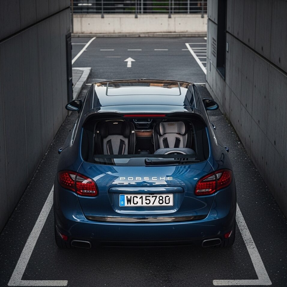 後部座席にチャイルドシートを2つ乗せ、ファミリーカーとして活躍するポルシェ。狭い駐車スペースに慎重に停められている。