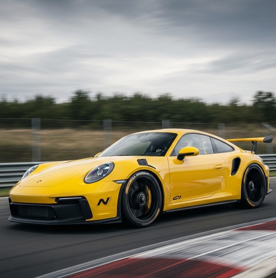 porsche-n-marked-tires-worth-the-cost サーキットの最終コーナーを、タイヤを軋ませながら猛スピードで立ち上がる黄色いポルシェ