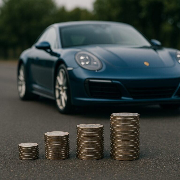 高級車である青いポルシェと、その価値を示すかのように前に積まれた硬貨
