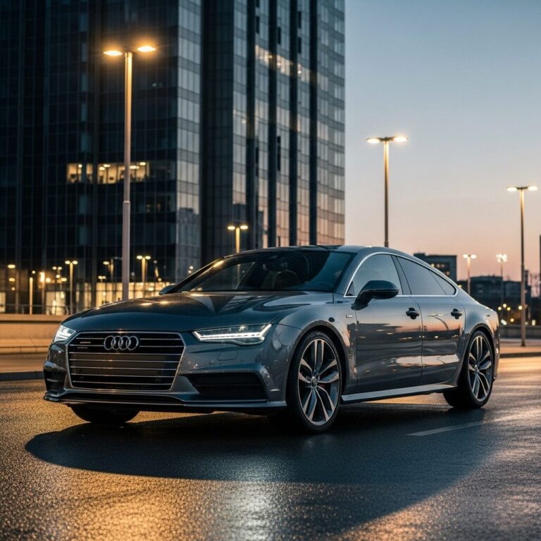 現代的な高層ビルの間を走る、グレーのアウディの画像