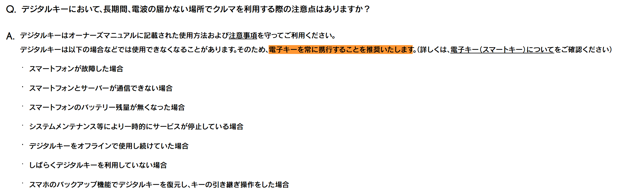公式サイトの「電子キーを常に携行することを推奨いたします」と明記の画像