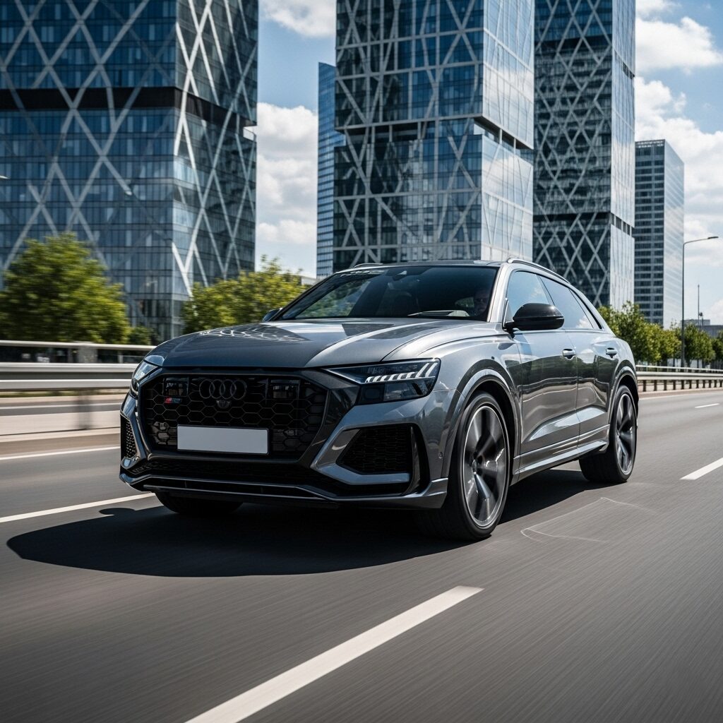 audi-600hp-driving-feel-and-characteristics 高層ビルを背景に、都会の道を走るグレーのアウディRS Q8の画像