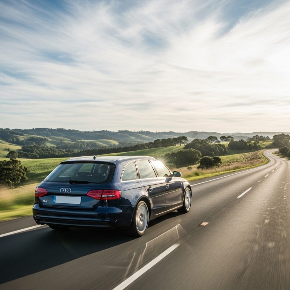 audi-a4-diesel-merits 遠くの景色が広がる道を走る、紺色のアウディA4アバントの画像