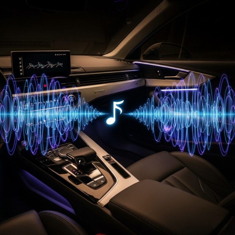 ダッシュボードの中心から音符が広がり、音の波が車内全体に満ちている、アウディの車内画像