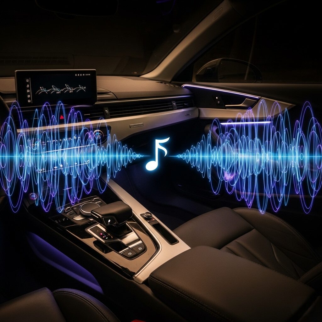 audi-bang-olufsen-benefits ダッシュボードの中心から音符が広がり、音の波が車内全体に満ちている、アウディの車内画像