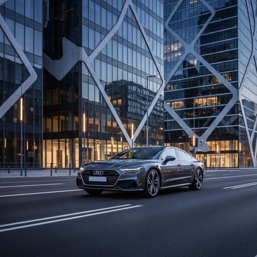 audi-bang-olufsen-demerits 現代的な高層ビルの間を走る、グレーのアウディの画像