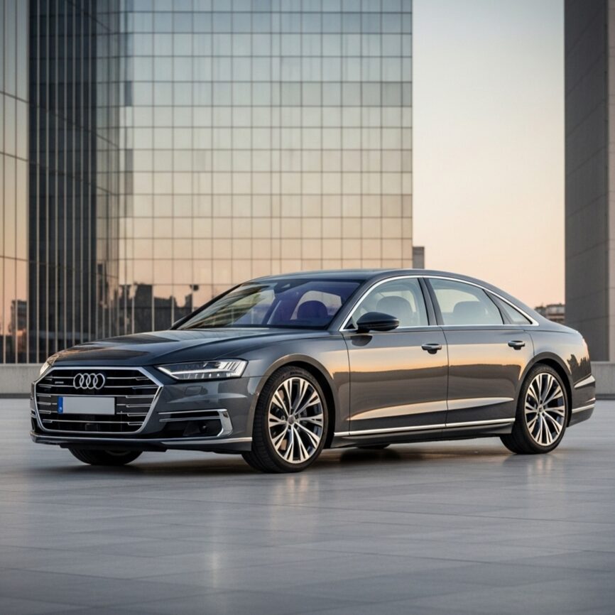 audi-demerits-and-maintenance-costs-before-buying 都市の中心にある広場に停車している、グレーのアウディA8の画像
