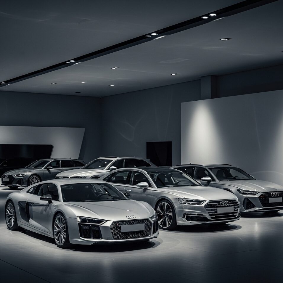 ショールームに並んだ、アウディR8、A8、RSシリーズの画像