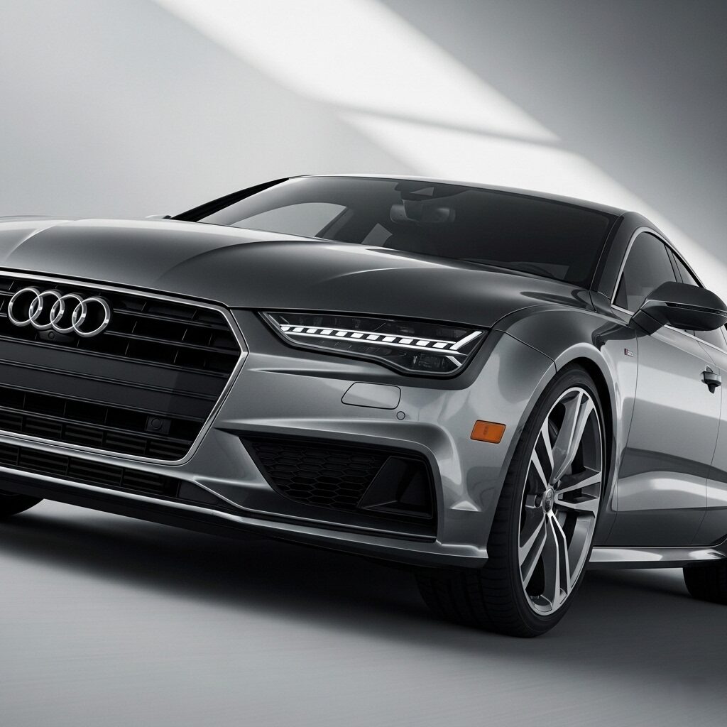 audi-four-rings-logo-change-future 白を基調とした背景の前で、斜め前から撮影したグレーのアウディの画像