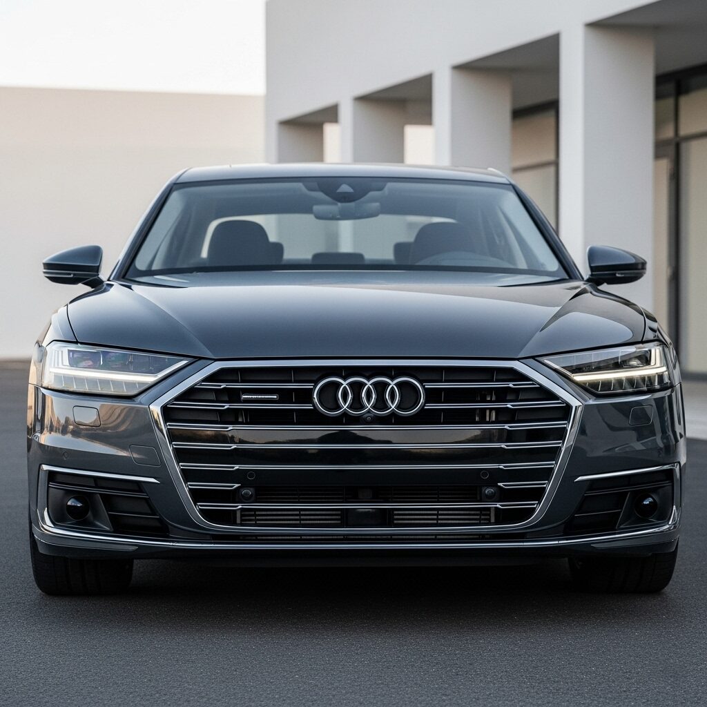 audi-four-rings-union-history 建物が背景にある、アウディの正面の画像