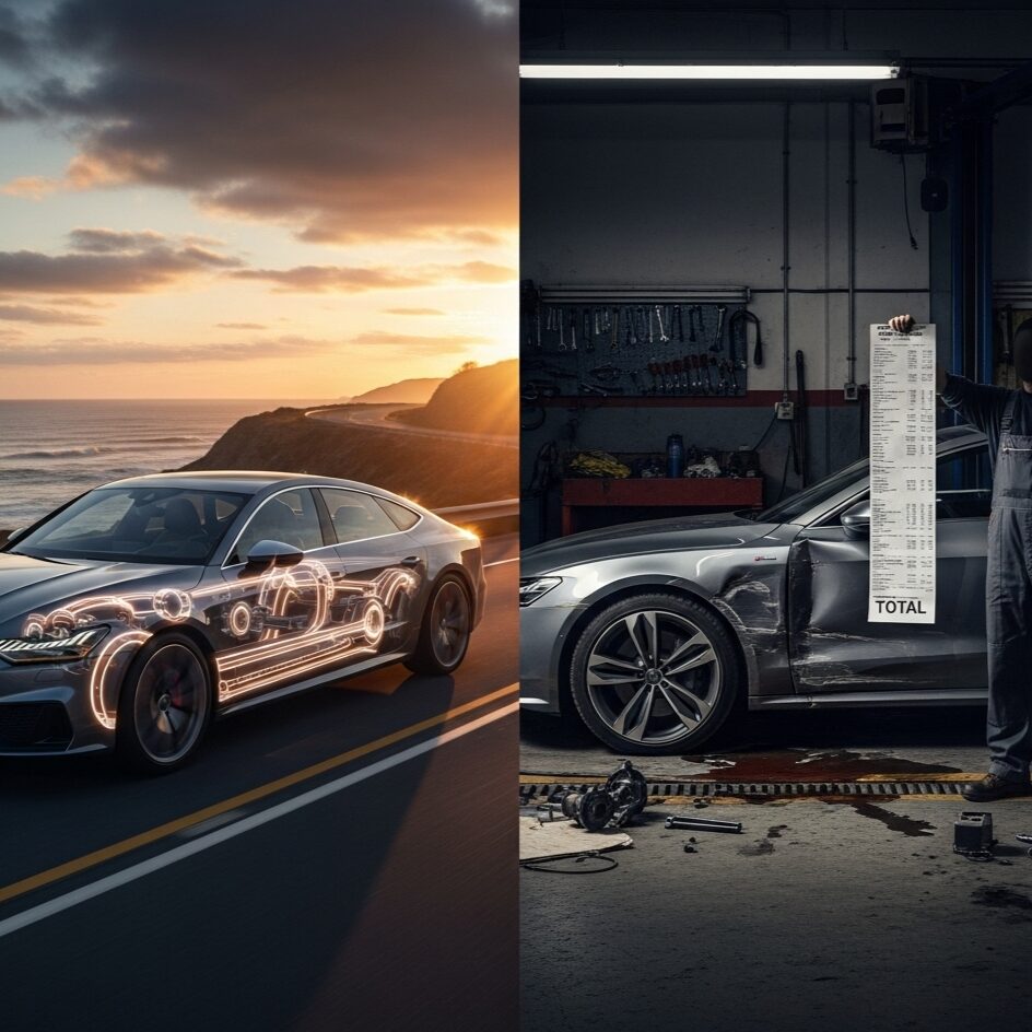 audi-rigidity-owners-guide 構造を可視化した車体が走っているアウディと、損傷した車と高額な修理費用の請求書を対比させた画像