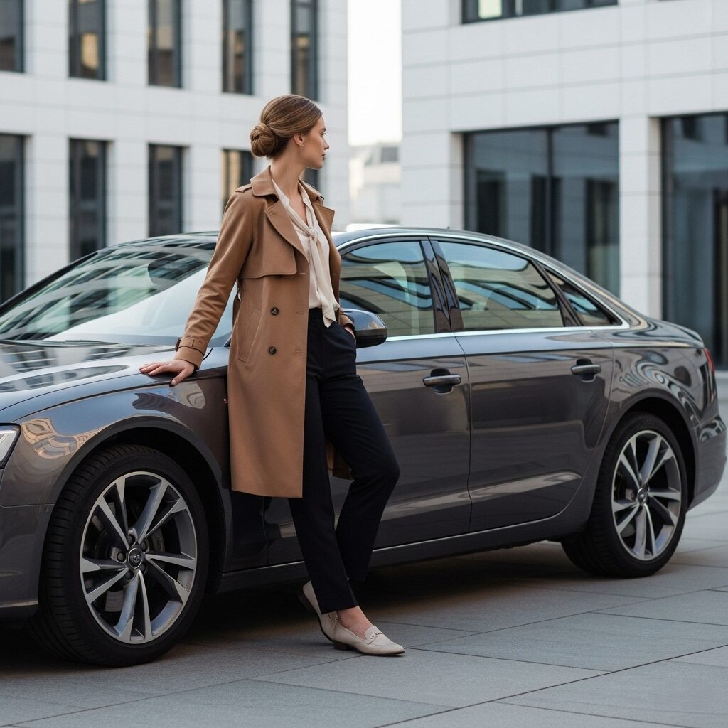 audi-women-lifestyle 都市を背景に、アウディに寄りかかっている女性の画像