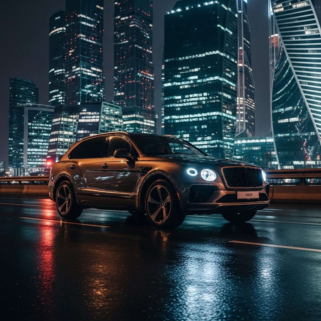 bentley-bentayga-practicality-considerations ネオンに照らされた夜の街を走る、ベントレー ベンテイガの画像