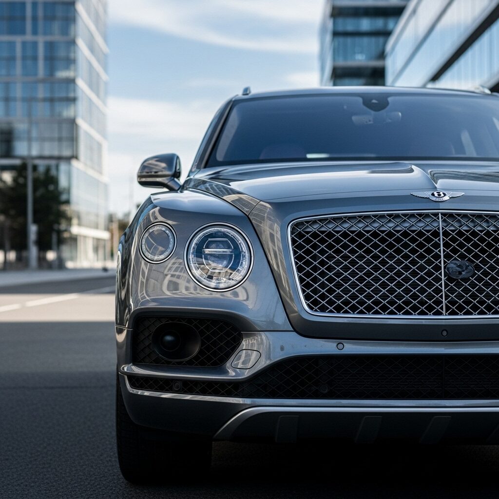 bentley-bentayga-size-presence 高層ビルを背景に、都会の道を走るベントレー ベンテイガの画