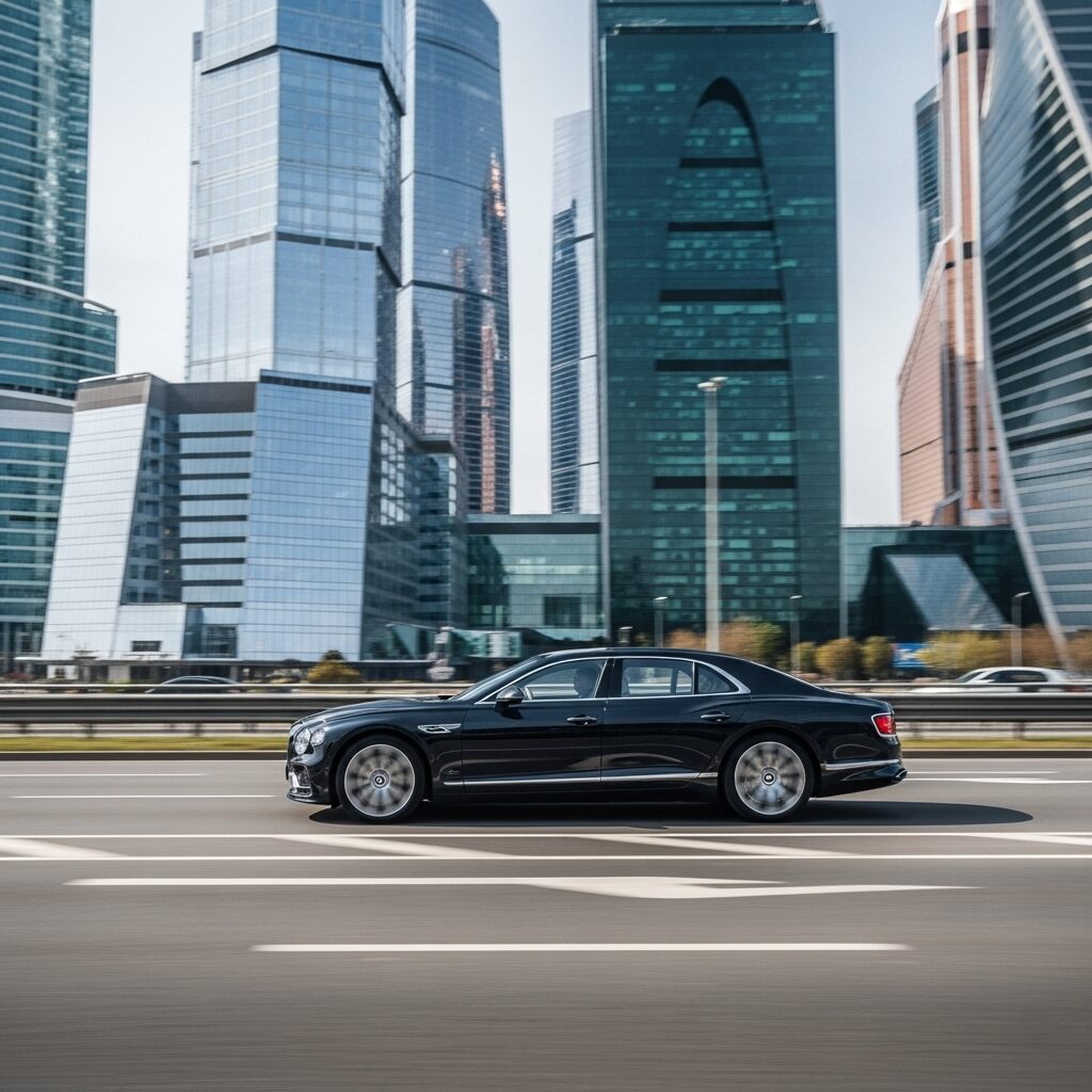 bentley-brand-value-customization 現代的な高層ビルを背景に、都会の道を走る黒いベントレーの画像