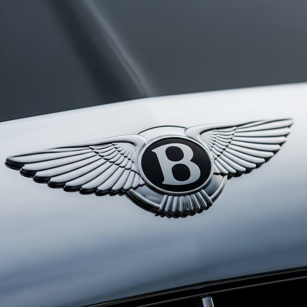 bentley-emblem-origin-history シルバーの光沢がある、ベントレーのエンブレムの画像