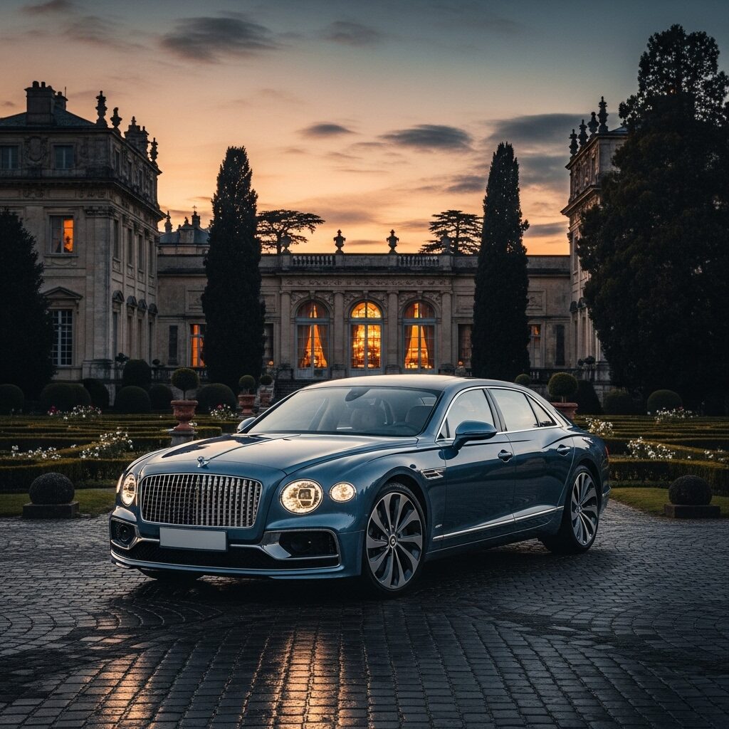 bentley-emblem-origin-meaning 美しい建物を背景に、夕焼け空の下に停まっているベントレーの画像