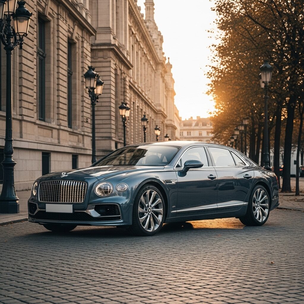 bentley-ride-comfort-luxury 古い建物と街灯が並ぶ通りに停まっている、青いベントレーの画像