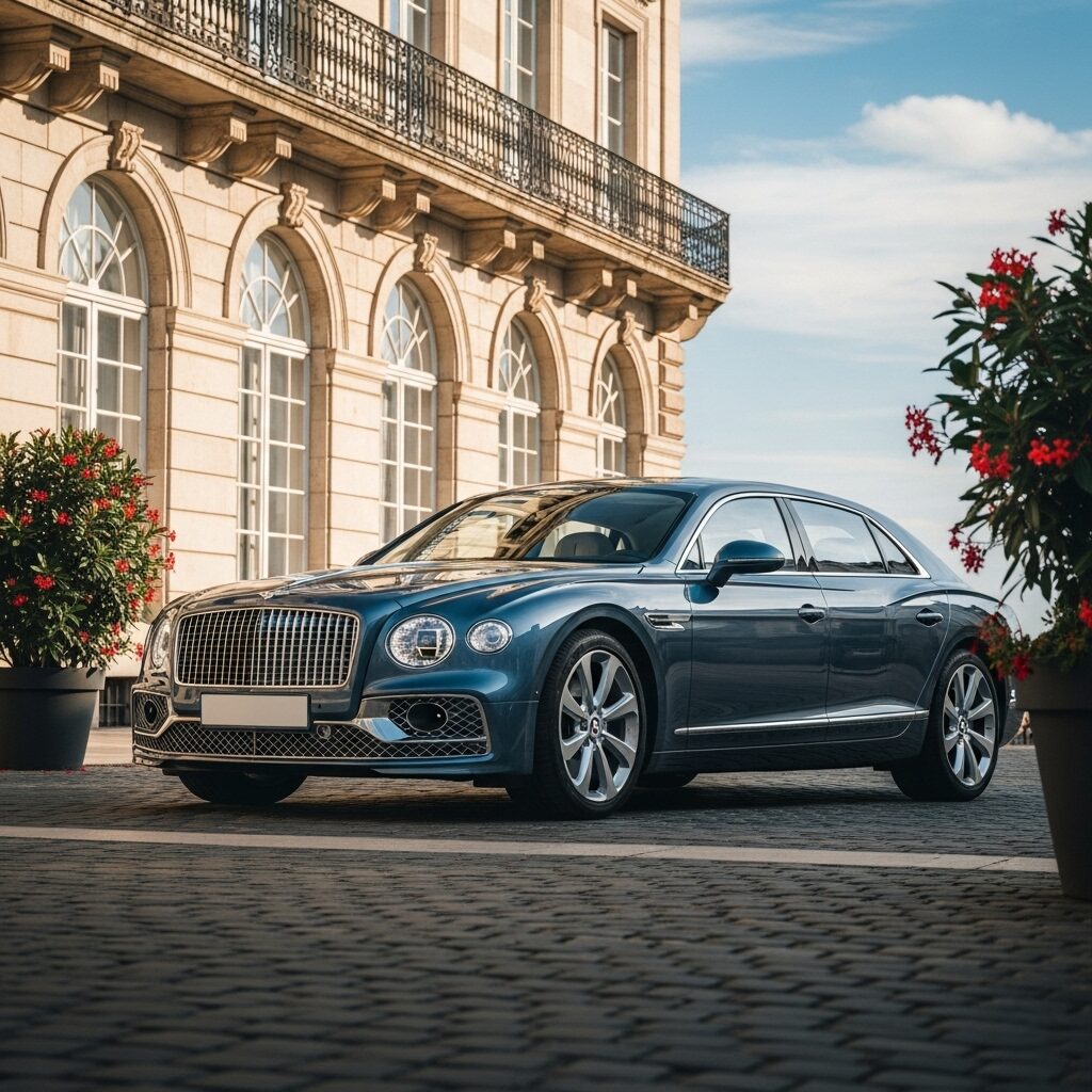 bentley-ride-comfort-technology 美しい石畳の道に停まっている、青いベントレーの画像