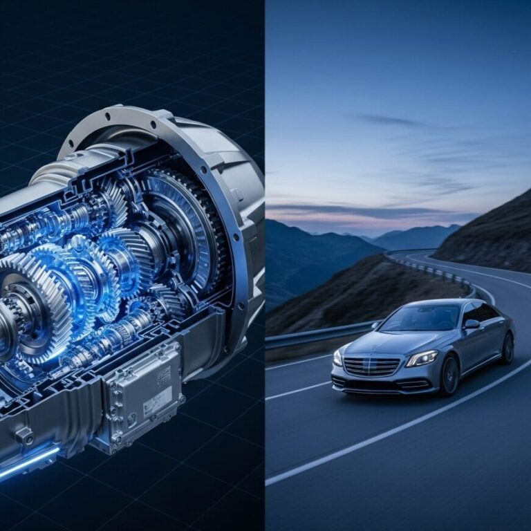 内部が青く光るベンツの9G-TRONICトランスミッションのカットモデルと、夕暮れの山道を走るメルセデス・ベンツSクラスを対比させた画像