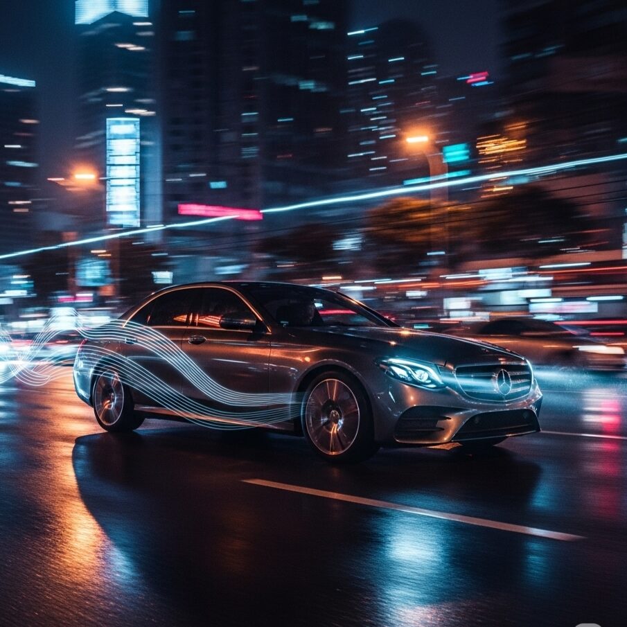 benz-9at-pros-cons 都会の夜の街を疾走する、シルバーのメルセデス・ベンツのセダンを捉えた画像