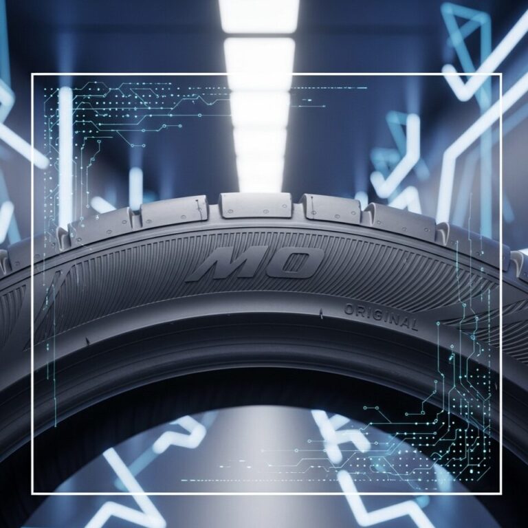 「MO」マークが刻印されたメルセデス・ベンツ承認タイヤの側面を、青い光とデジタルパターンの背景で表現した、未来的な雰囲気の画