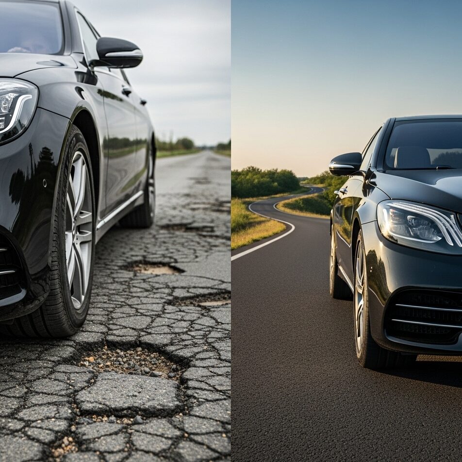 benz-approved-tire-risk 悪路を走るメルセデス・ベンツと、舗装された道を滑らかに走るメルセデス・ベンツを対比させた画像