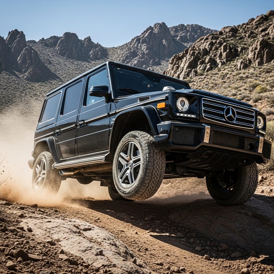 benz-g-class-big-tough-reason 荒れた山道で、黒いメルセデス・ベンツ Gクラスが岩だらけの急な坂道を登っている、オフロード走行の画像