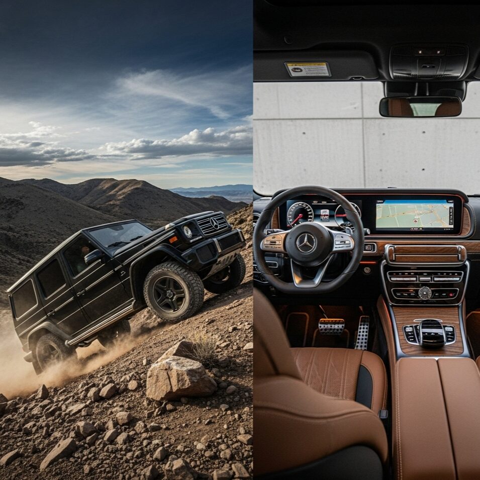 benz-g-class-performance 悪路を走る黒いGクラスと、高級感あふれるGクラスの車内を対比させた画像