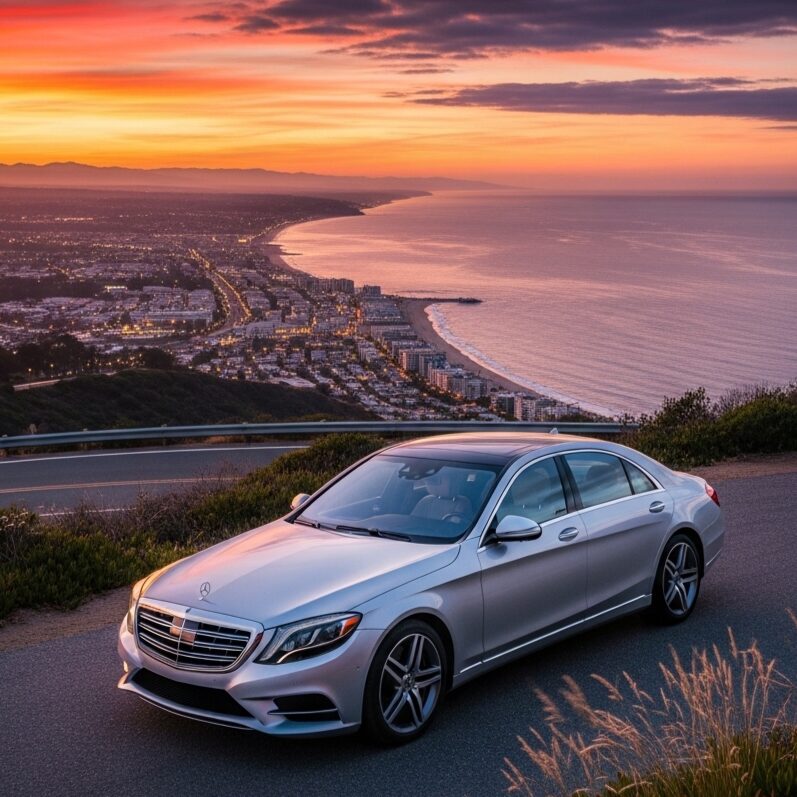 benz-life-changing 夕焼けの海岸沿いの道路に駐車された、銀色のメルセデス・ベンツ Sクラスと、眼下に広がる街並みを写した画像
