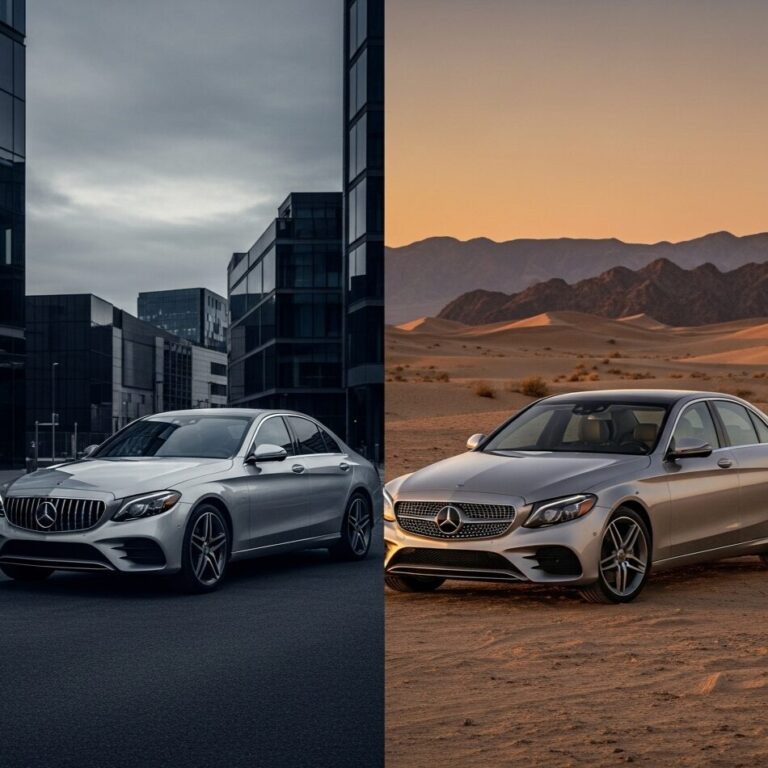 クールな街の風景の中にいるモハーベシルバーのメルセデス・ベンツと、夕焼けの砂漠にいる同じ車を対比させた画像