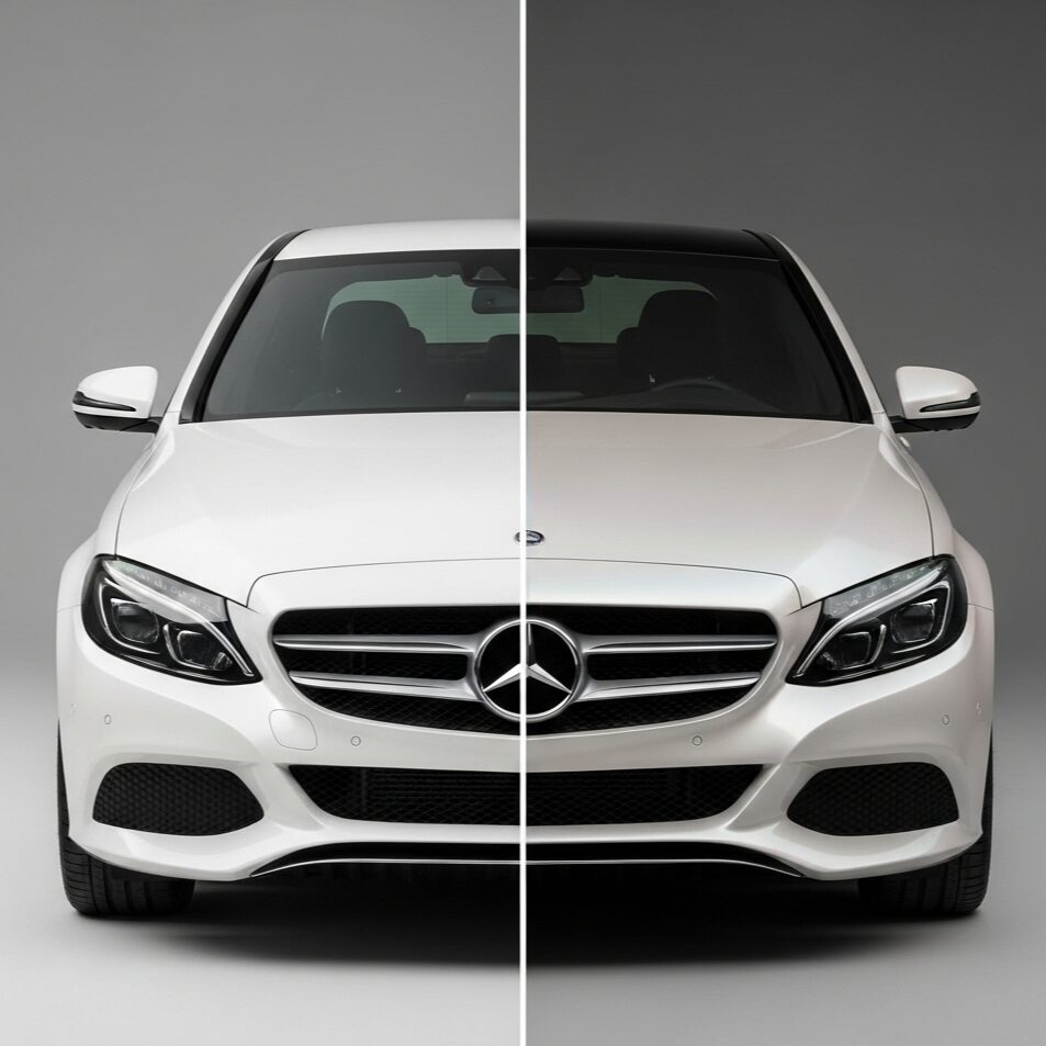 benz-polar-white-review 車のボディカラー「ポーラーホワイト」と「ダイヤモンドホワイト」を対比させた、メルセデス・ベンツの正面の画像