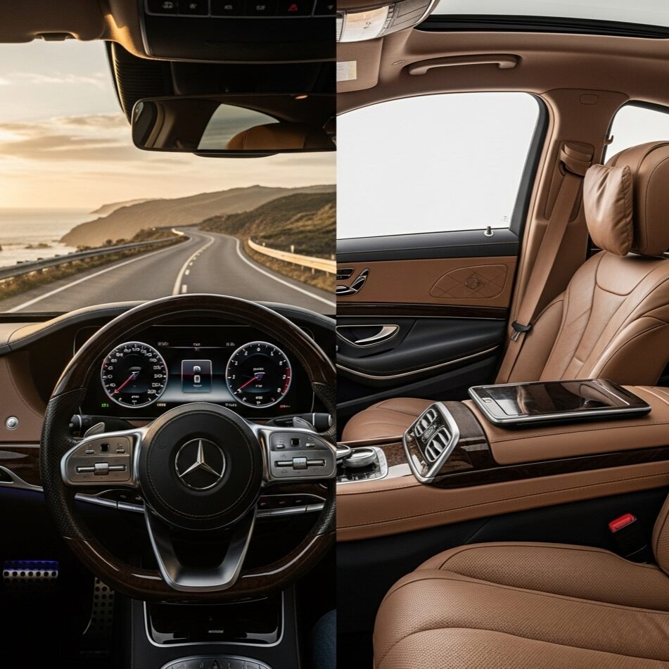 benz-s-class-for-drivers 運転席から見た夕暮れの海岸沿いの道と、木目調の豪華な後部座席を対比させた画像